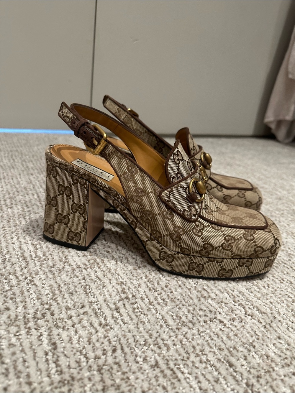 Gucci Brown GG Canvas Horsebit Slingback Platform Heels - Picture 5 of 10